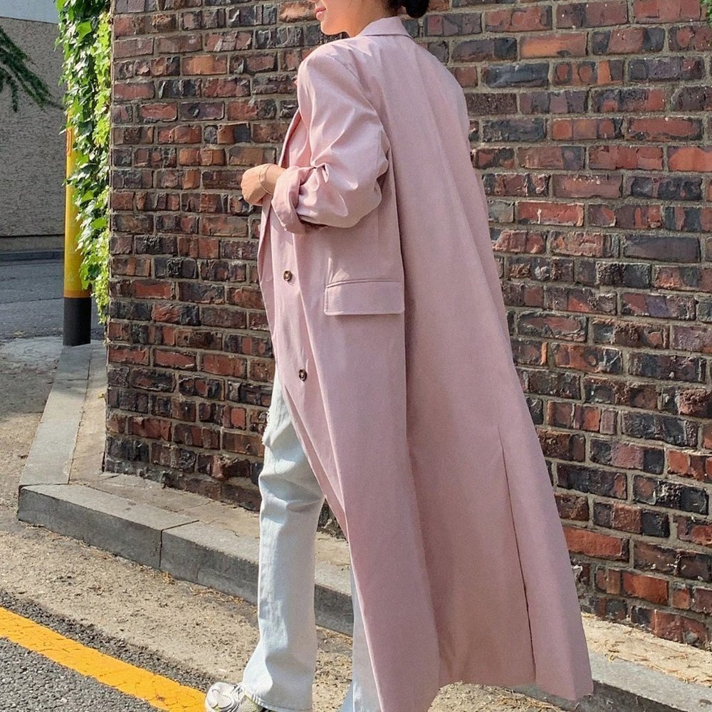 Dusty Pink PReppy Womens Double Breasted Belted Longline Coat - Picture 2 of 5